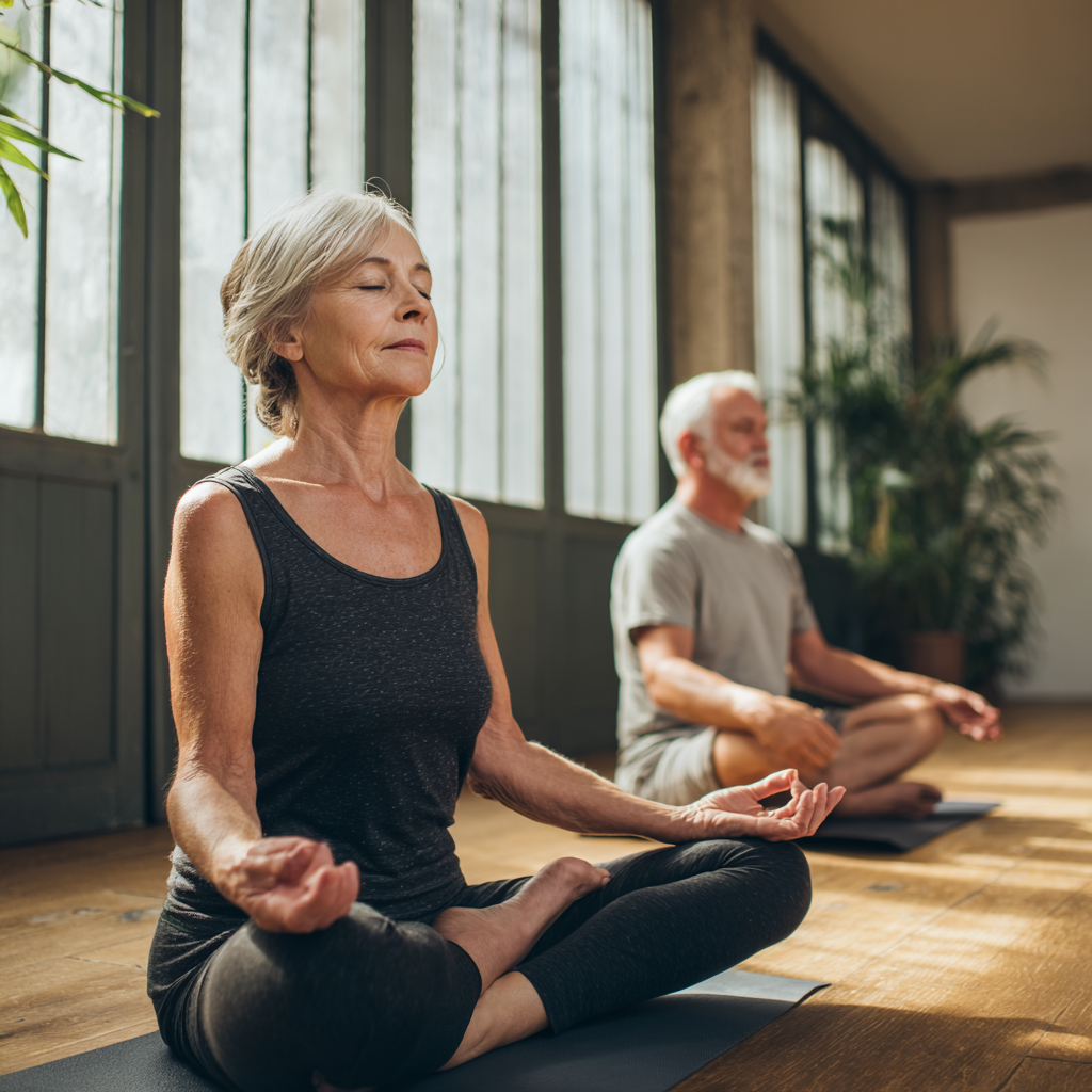 Mature adults practicing yoga in serene studio with natural lighting