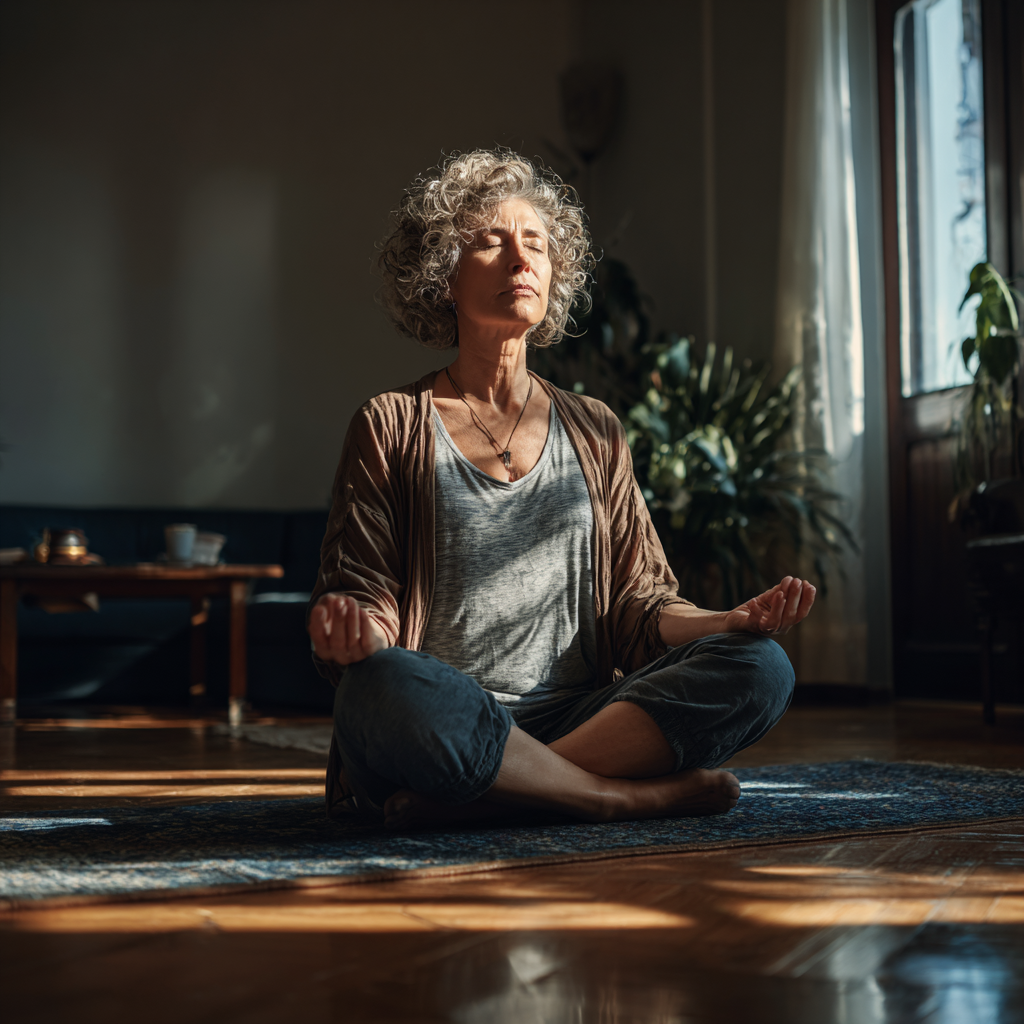Middle-aged woman practicing meditation in peaceful studio environment